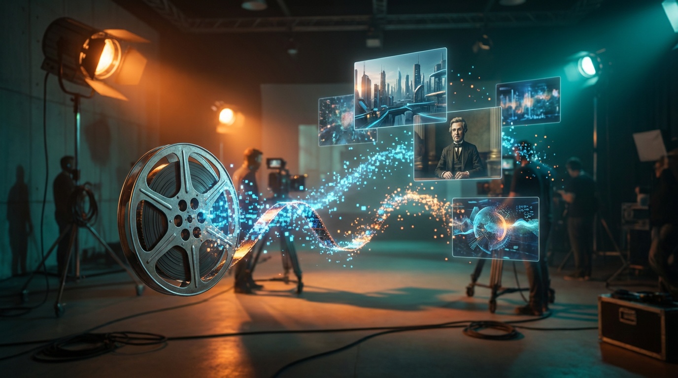 Cinematic film reel transforming into digital AI-generated video content