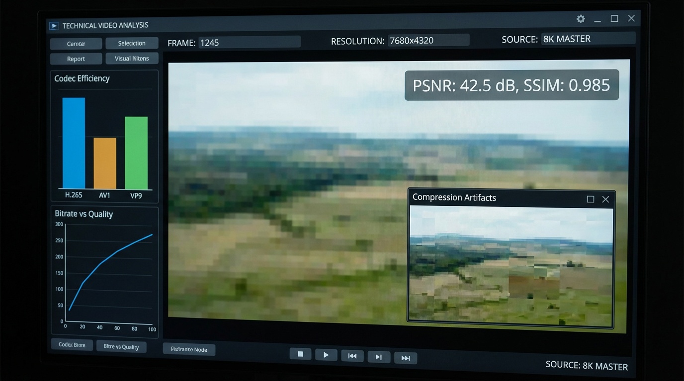 Video frame with quality metrics PSNR and SSIM scores overlay