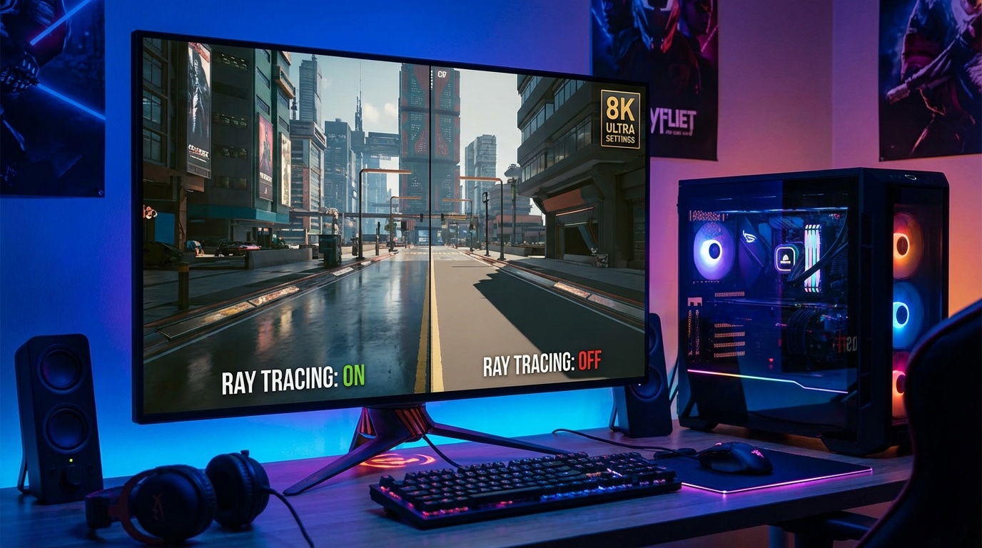 Video game screenshot with graphics settings comparison showing ray tracing